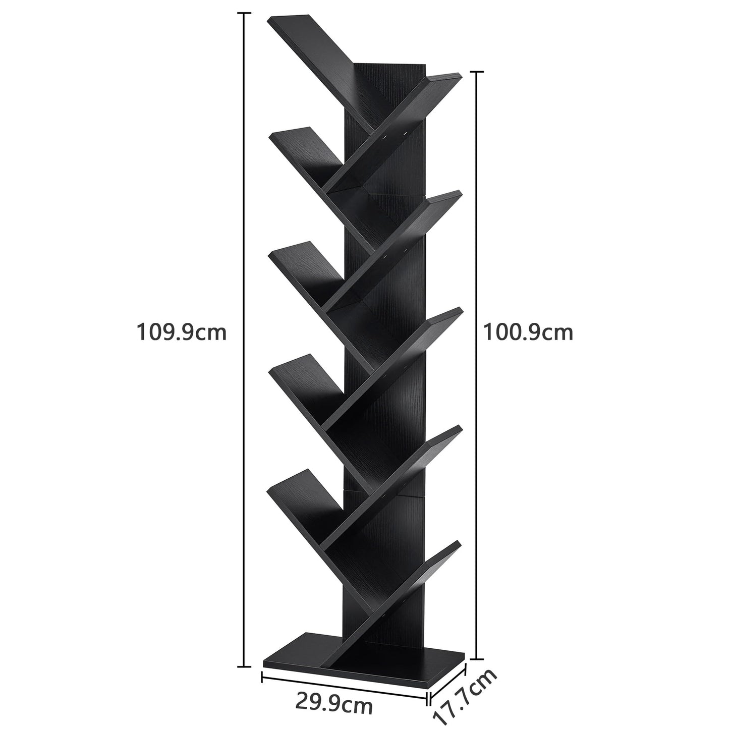 Hoctieon 10 Tier Tree Bookshelf, 10 Shelf Bookcase, Free Standing Tree Bookcase, Display Floor Standing Shelf for Books, Book Organizer Shelves for Home Office, Living Room, Bedroom, Black