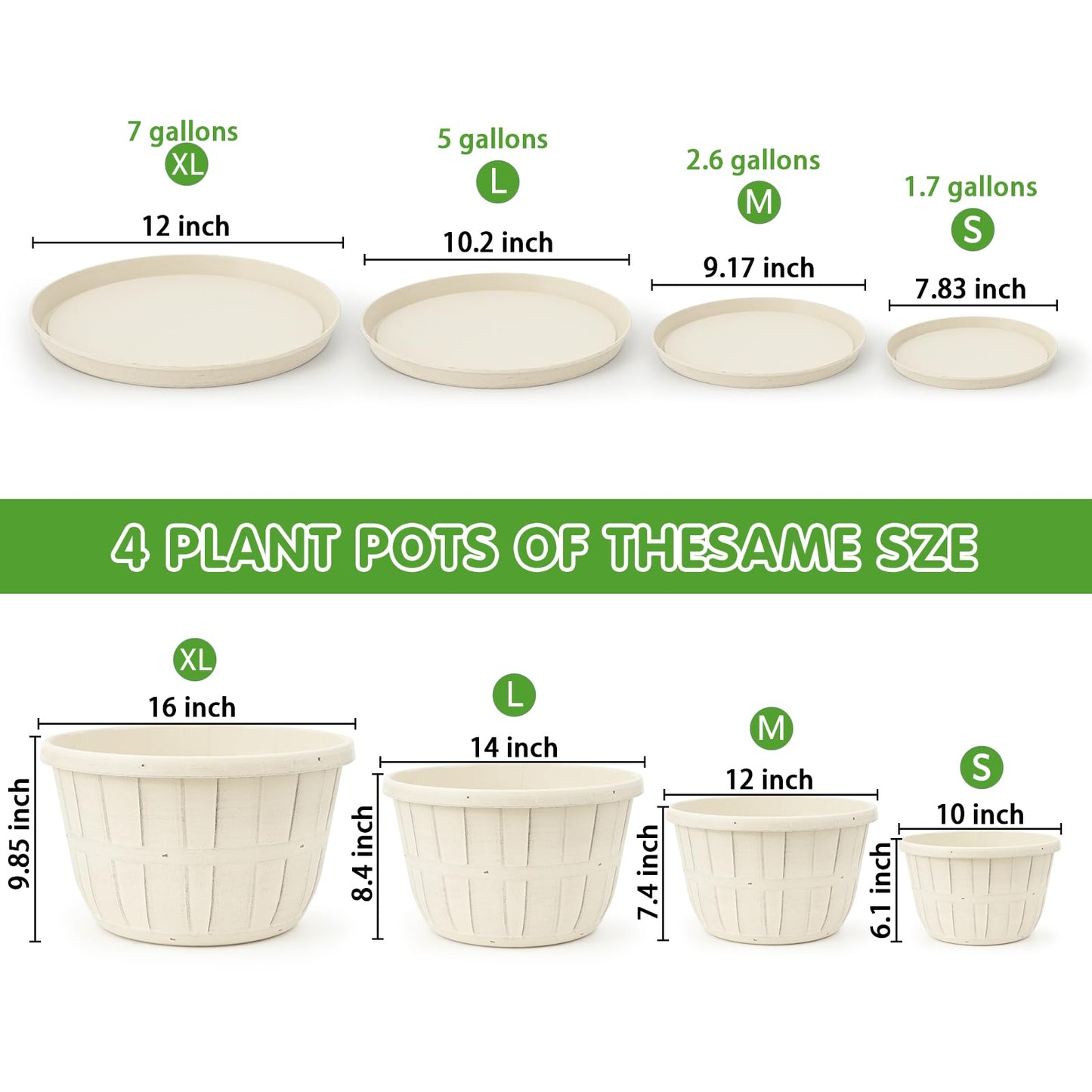 Quarut Plant Planters Pots Set of 4 Pack 16 Inch，Large Plastic Flower Pot for Indoor Plants with Drainage Holes & Trays, Whiskey Barrel Planters with Saucer for House Outdoor Garden Plant（White）
