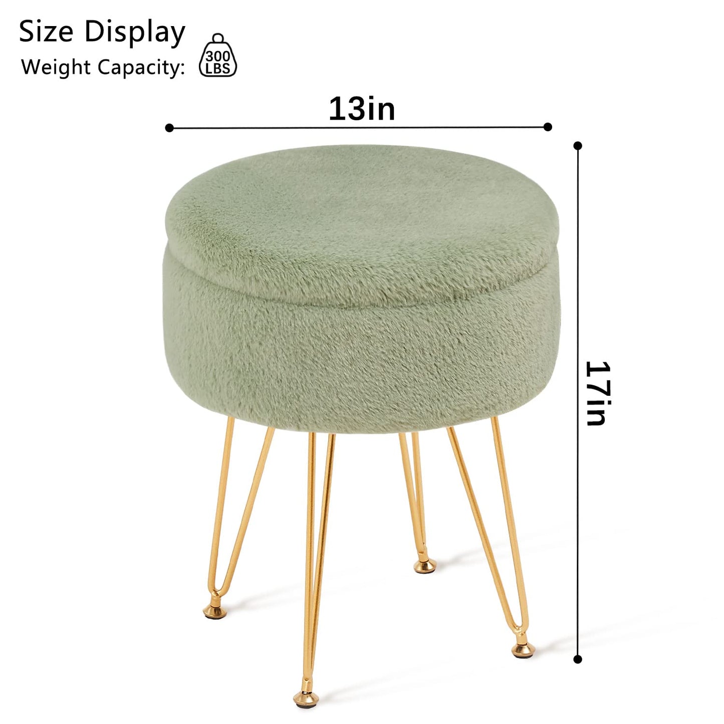 Cplxroc Footrest Footstools Round Faux Fur Ottoman with Storage Space Soft Vanity Chair Seat Coffee Table Ottoman Small Side Table with Adjustable Footings (Green)