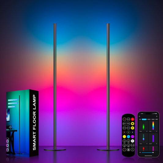 Eastfine Corner Floor Lamp 2 Pack, RGB IC LED Corner Lamp 55" with APP Control, 16 Million Colors, Timing Function and Music Sync, Color Changing Ambient Lighting for Living Room Bedroom Gaming Room