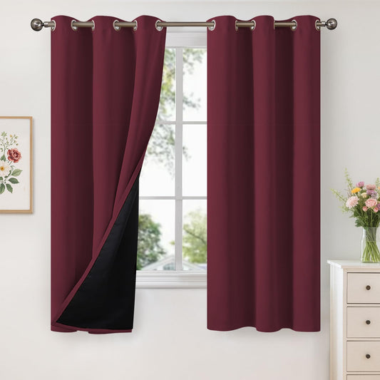 YoungsTex Burgundy 100% Blackout Curtains 63 Inch Length 2 Panels, Room Darkening Drapes with Liner Thermal Insulated for Bedroom Living Room Window, 42 X 63 Inch