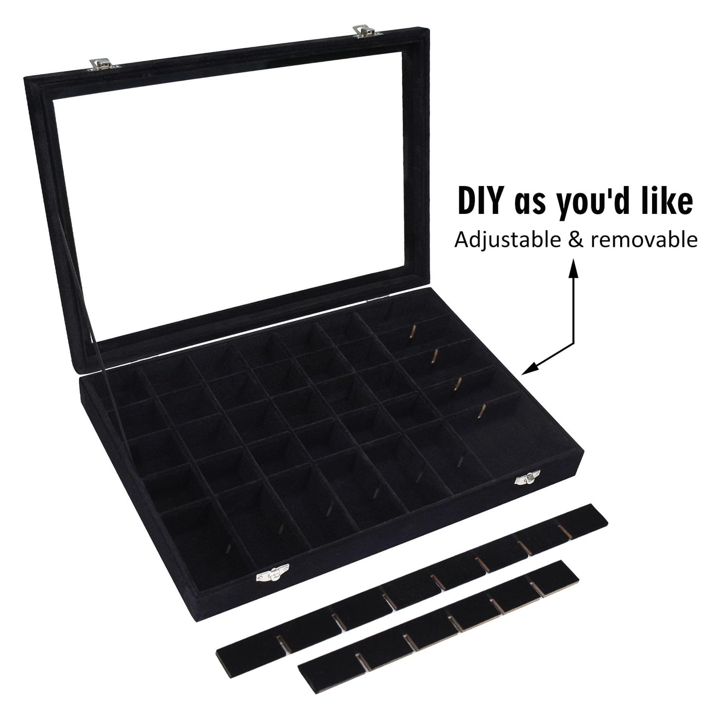 Siveit Velvet Jewelry Tray 48 Grid Jewelry Display Tray Organizer Box with Transparent Lid Rings Earrings Necklaces Pendants Display Box Suitable for Women and Girls (Black)