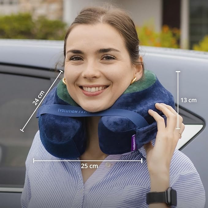 Cabeau Best Neck Pillow for Travel – Evolution Earth Deluxe – 360° Head, Neck and Chin Support for Sleeping – Sustainable Memory Foam - Removable, Washable Cover with Compact Carrying Case (Water)