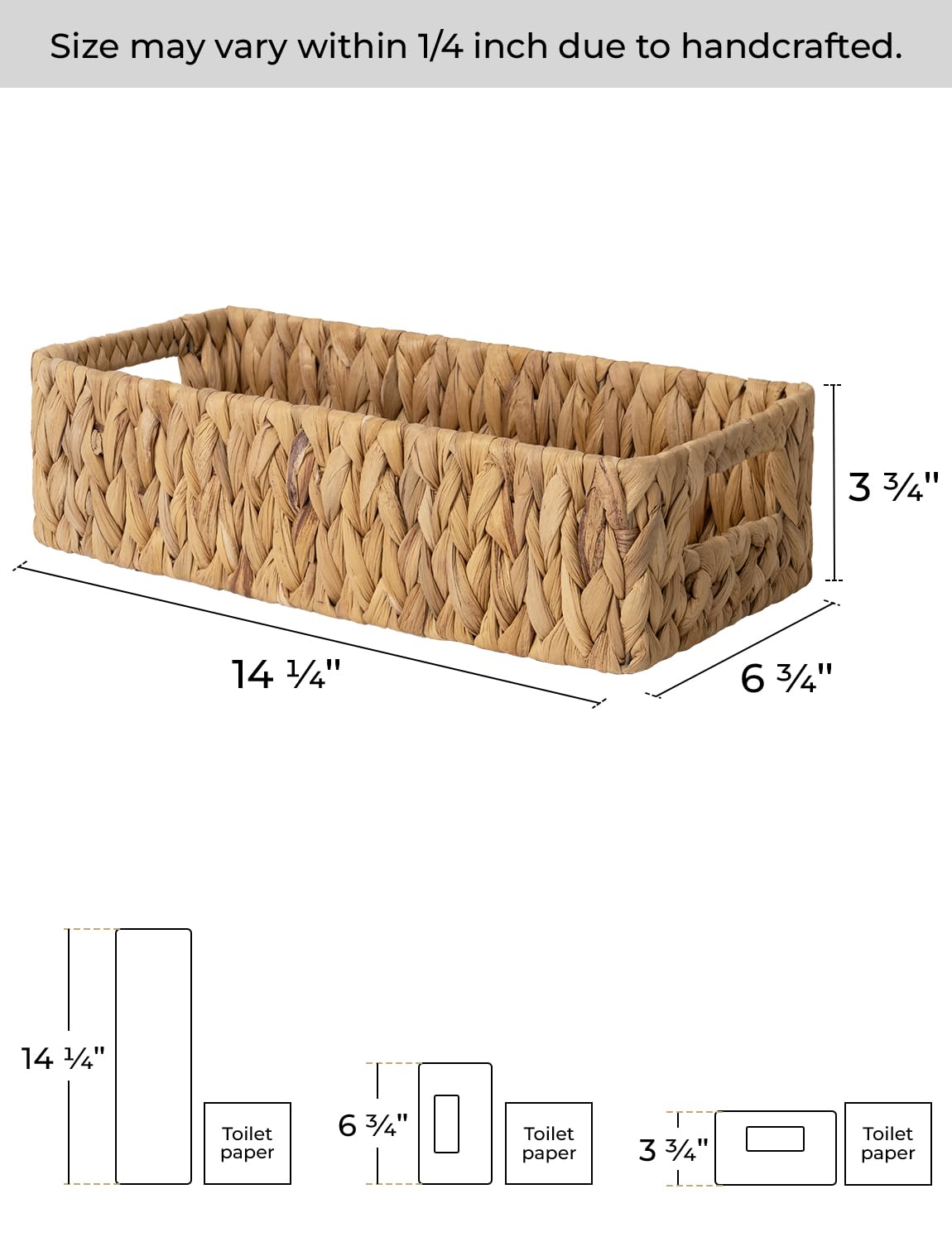 StorageWorks Water Hyacinth Basket for Toilet Paper, Wicker Baskets for Storage with Built-in Handles, 14 ¼"L x 6 ½"W x 3 ¾"H