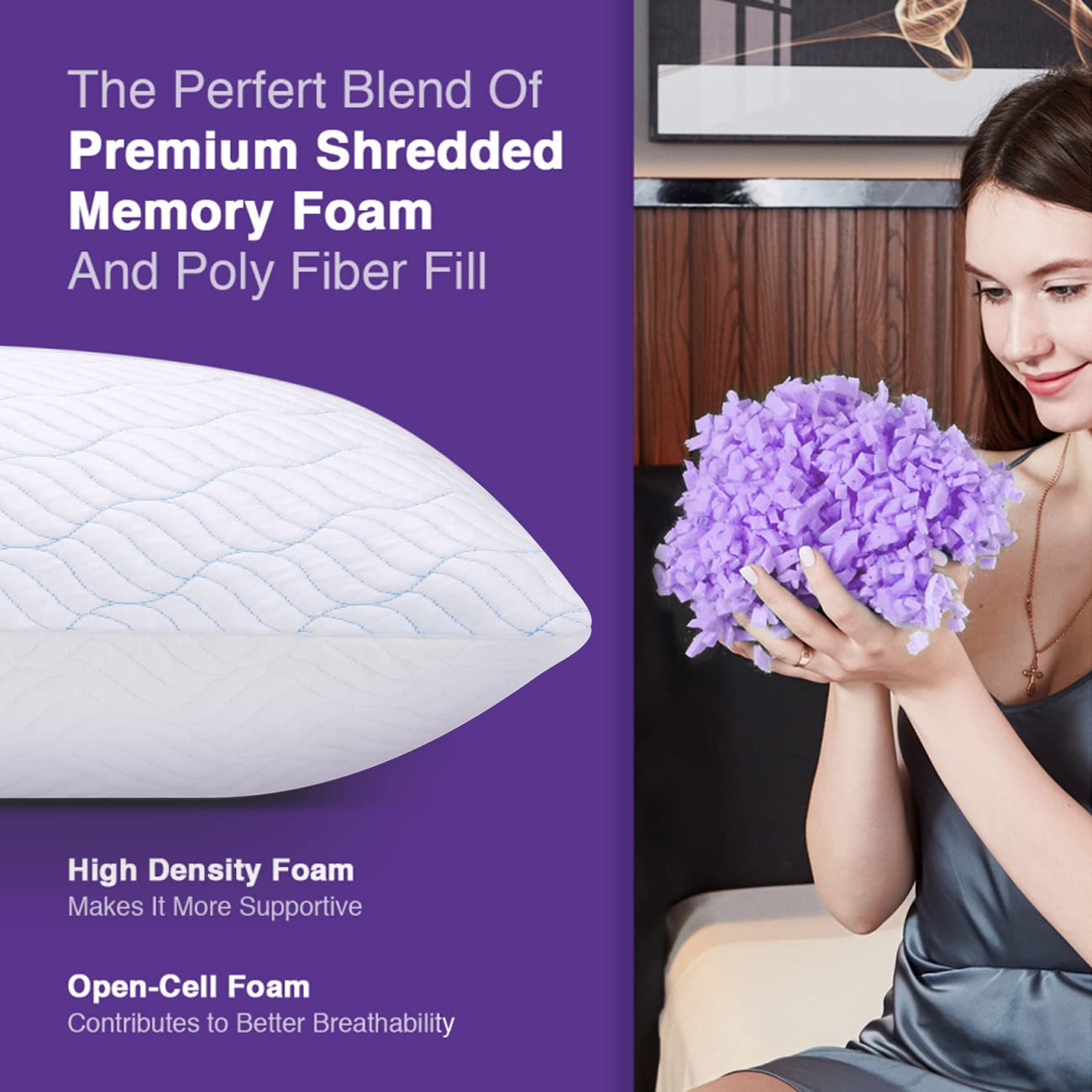 WISHSMILE Queen Size Shredded Memory Foam Pillows, Cooling Pillow Set of 2, Adjustable Height Firm Support, Double-Sided Ice Silk & Polyester Cover, Washable Bed Pillows for Adults, 20×30 Inch