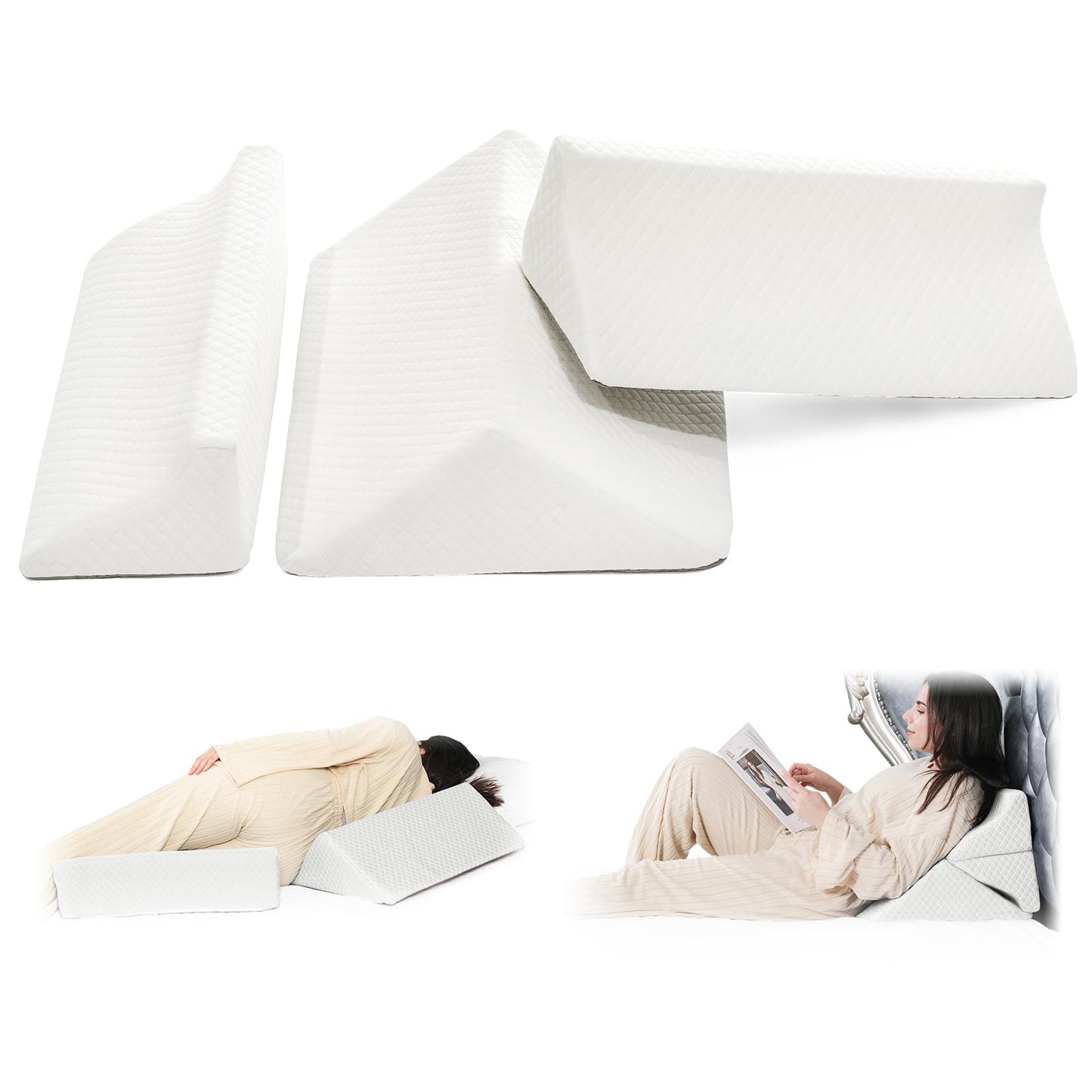 JFNoraiva Foam Wedges for Positioning in Bed – 3in1 R-shaped Wedge Pillows for Seniors,Adult,Long Term Bedridden Patient,for Back Pain Relief,Reduce Snoring,Post Surgery Recovery,Cover Removable,White