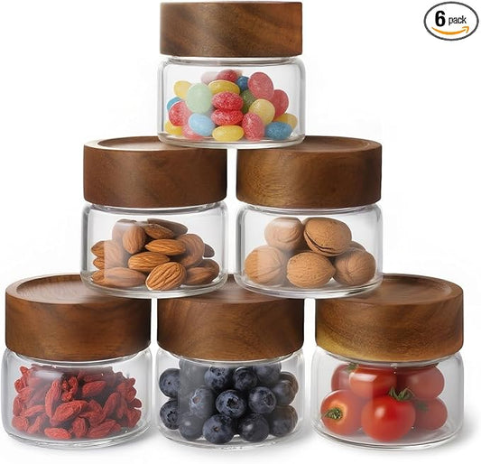 Zoaiirte 6-Pack 4 oz Stackable Airtight Glass Canisters with Acacia Lids - Small Mason Jars for Overnight Oats, Spice Storage, Herb Keepers, Pantry Organization and Dry Food Storage