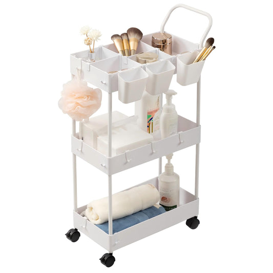danpinera Storage Cart on Wheels, 3 Tier Slim Laundry with Wheels Bathroom Organizer with Hanging Cups Hooks Dividers Handle Mobile Rolling Art Cart for Bathroom Kitchen Narrow Places, White