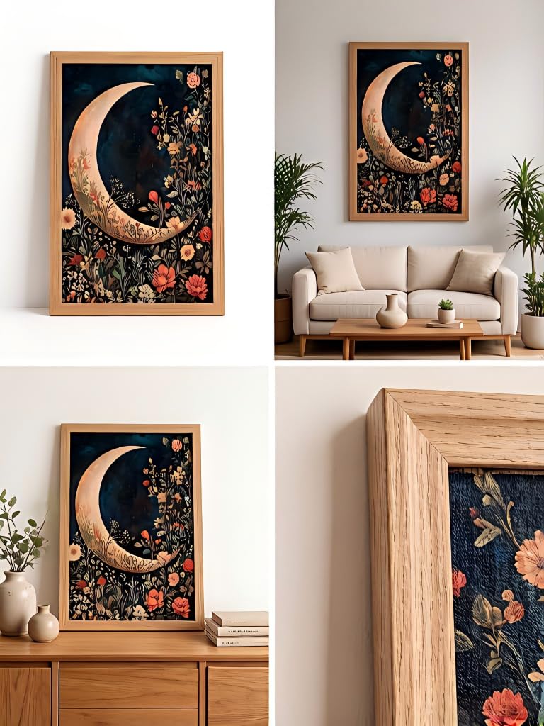 JXZMLNR Framed Canvas Wall Art, Crescent Moon with Dark Floral Print 8x10In