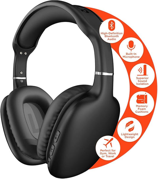HyperGear Wireless Headphones Bluetooth Black- Noise Isolation Headphones Wireless Over The Ear Head Phones, Gym Headset Built-in Mic Controls Square Foam Cups Foldable Headphone for Women and Men