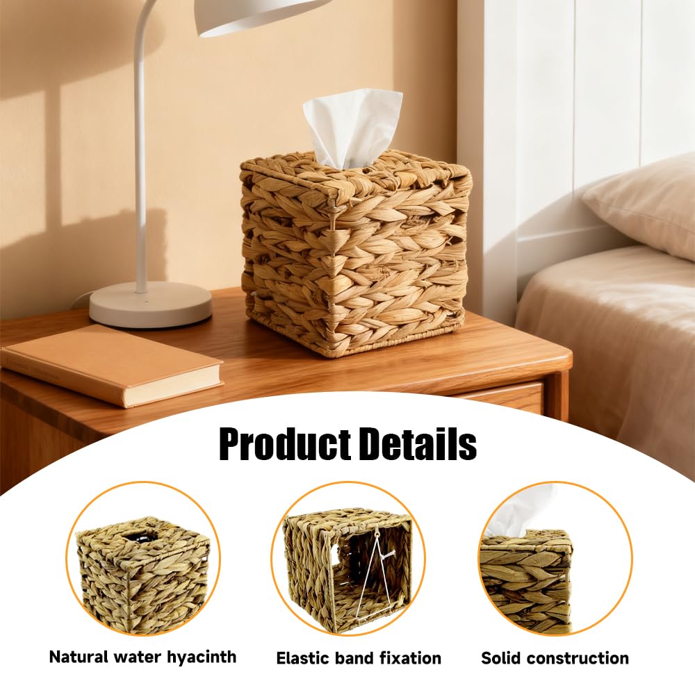 1 Pcs Water Hyacinth Handwoven Tissue Box Cover - Natural Handmade Wicker Napkin Holder, Square Facial Tissue Case, Rustic Boho Decor for Table, Bathroom, Office