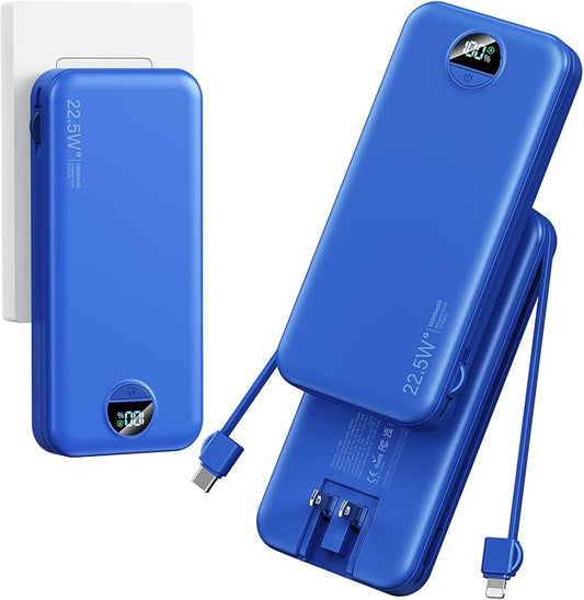 Ultra-Portable-Charger-Power-Bank with Built in Cables&AC Wall Plug,12000mAh PD20W USB-C Fast Charging Cell Phone Charger Battery Pack,LED Display Travel Battery Bank for All iPhone,Samsung,Android
