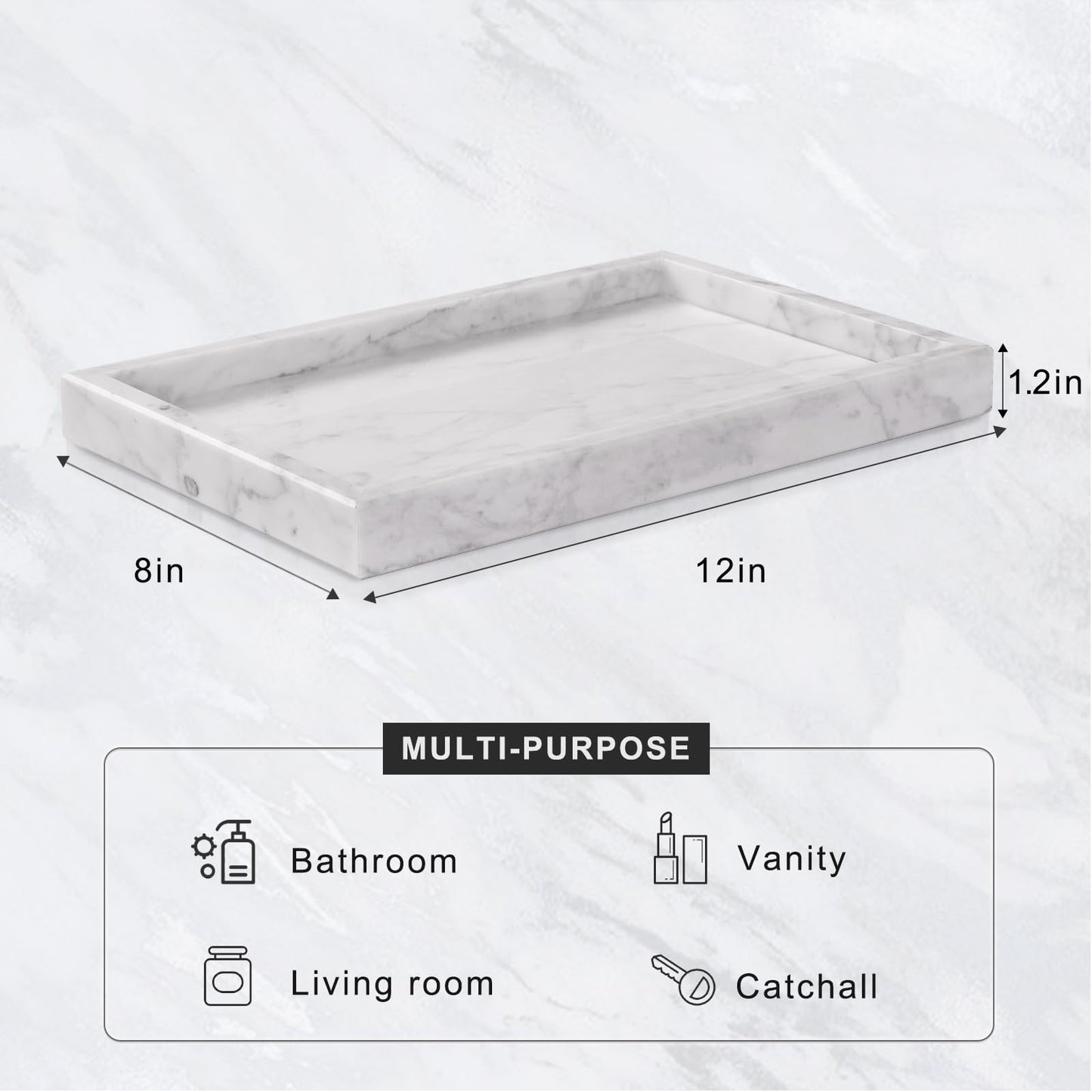 Homaura Marble Bathroom Tray for Countertop & Home Decor, Natural Decorative Marble Tray for Jewelry & Perfume Organizer, Luxury Stone Vanity Trays for Dresser, Kitchen Counter, 12" x 8", White