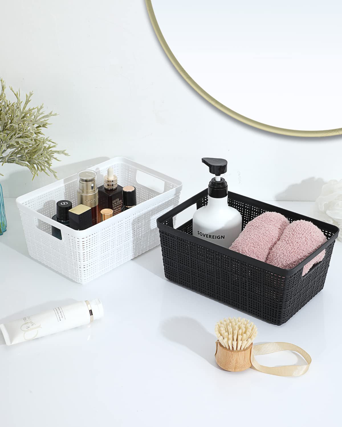 Set of 6 Baskets For Organizing, Plastic Storage Bins and Small Basket for Organization and Storage Shelves Drawers Desktop Closet Playroom Classroom Office, Black
