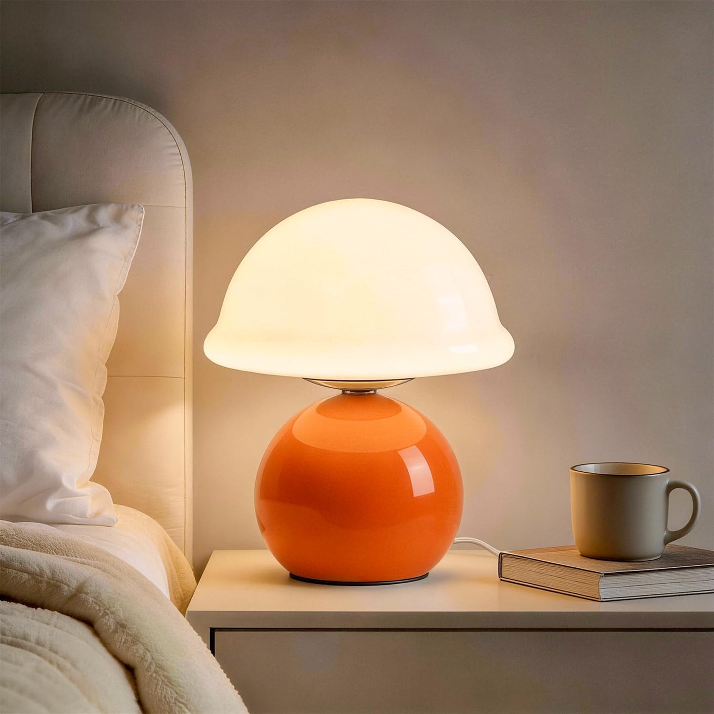 Komothala Mushroom Table Lamp for Bedroom, Cozy Bedside Lamp with Glass Shade, Stepless Dimmable Nightstand Lamp for Relaxing Bedroom Decor & Aesthetic Home (Orange)
