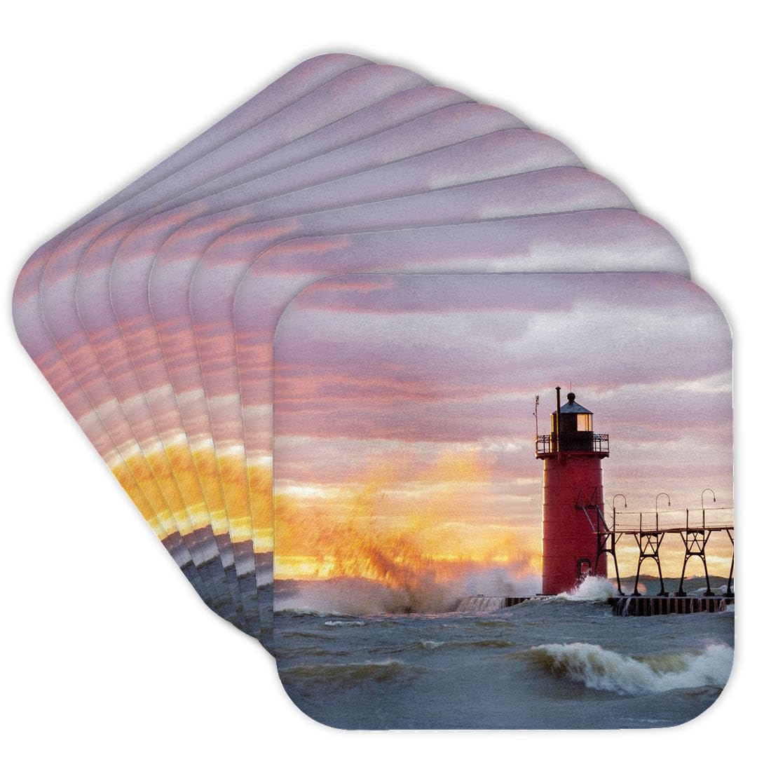 3dRose South Haven Lighthouse at Sunset, South Haven, Michigan. Set of 8 Coasters - Soft