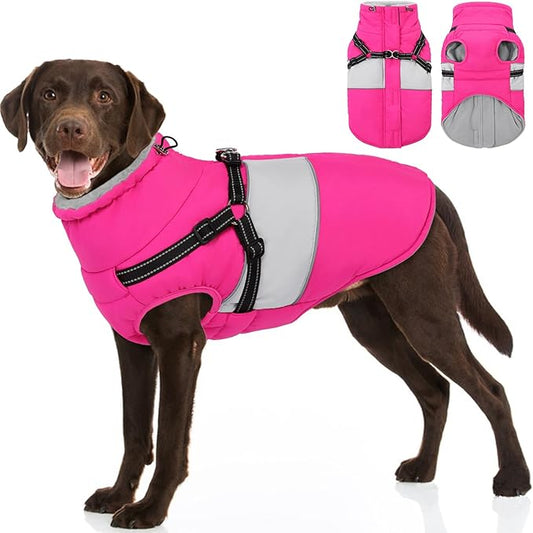 SUNFURA Dog Coat, XXL Dog Jacket Winter with Harness Built in, Waterproof Pet Snow Jacket with Furry Collar for Chilly Day, Reflective Fleece Snowsuit for Extra Large Dogs, Hot Pink 2XL
