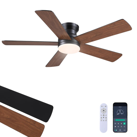 Ayaoty Flush Mount Ceiling Fan with Light and Remote/APP - 48" Low Profile Ceiling Fan with 3CCT Dimmable, 5 Reversible Blades, Modern Indoor Fan Light Fixtures for Bedroom, Kitchen