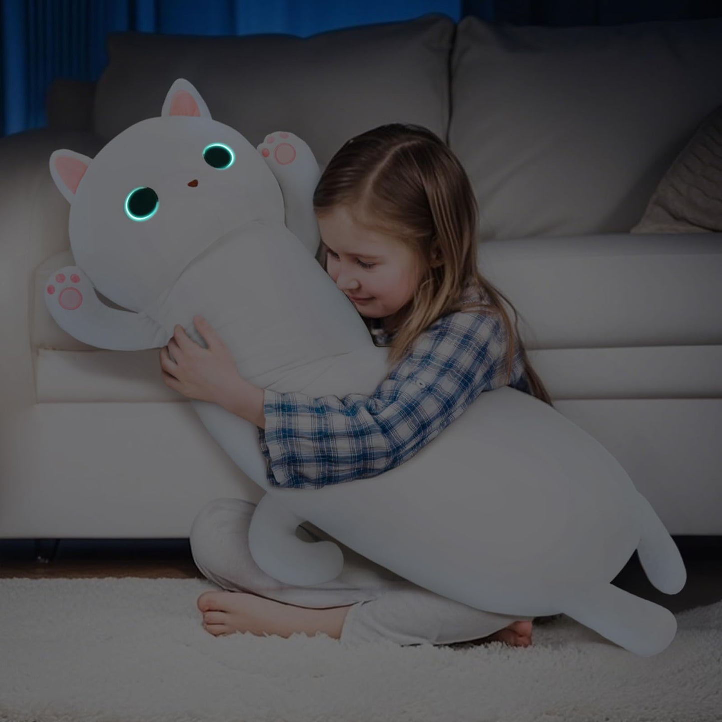 MaoGoLan 44'' Cat Plush Body Pillow, Giant Glow in The Dark Cat Stuffed Animal Pillow for Girl Boy Kid, Long Cute Kitty Plush Pillow for Birthday Gift, Baby Shower Party Decor, White