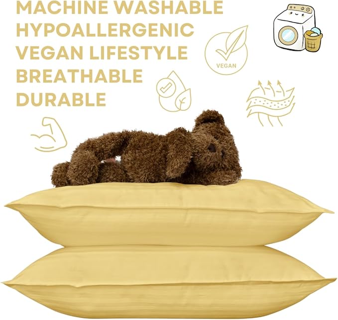 kinder Fluff Pre-Teen Pillows (2Pack) 17x26in - Pillows for Kids Age 12+, 100% Cotton Sateen Stripes 300T, Down Alternative Fill, Machine Washable - Children & Travel Cushion - Yellow - XL