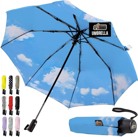 GORILLA GRIP Strong Windproof Stick Compact Umbrella for Rain, One-Click Automatic Open and Close, Durable Quick Dry Waterproof Material, Lightweight and Portable, Travel Size Fits Backpack, Sky Blue