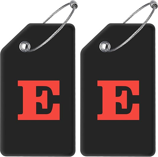 Gostwo 2 Pack Silicone Luggage Tags for Suitcases, 26 Initial Letter Baggage Labels Handbag School Bag Suitcase Instrument Tag with Stainless Steel Loop(Black)(Letter E)