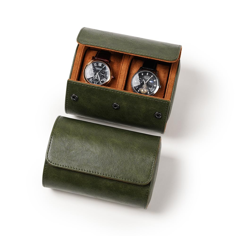PexPix Leather Watch Travel Case, 2 Slots Green Watch Roll Portable or Organizer for Storage and Display, Ideal Travel Gift for Men