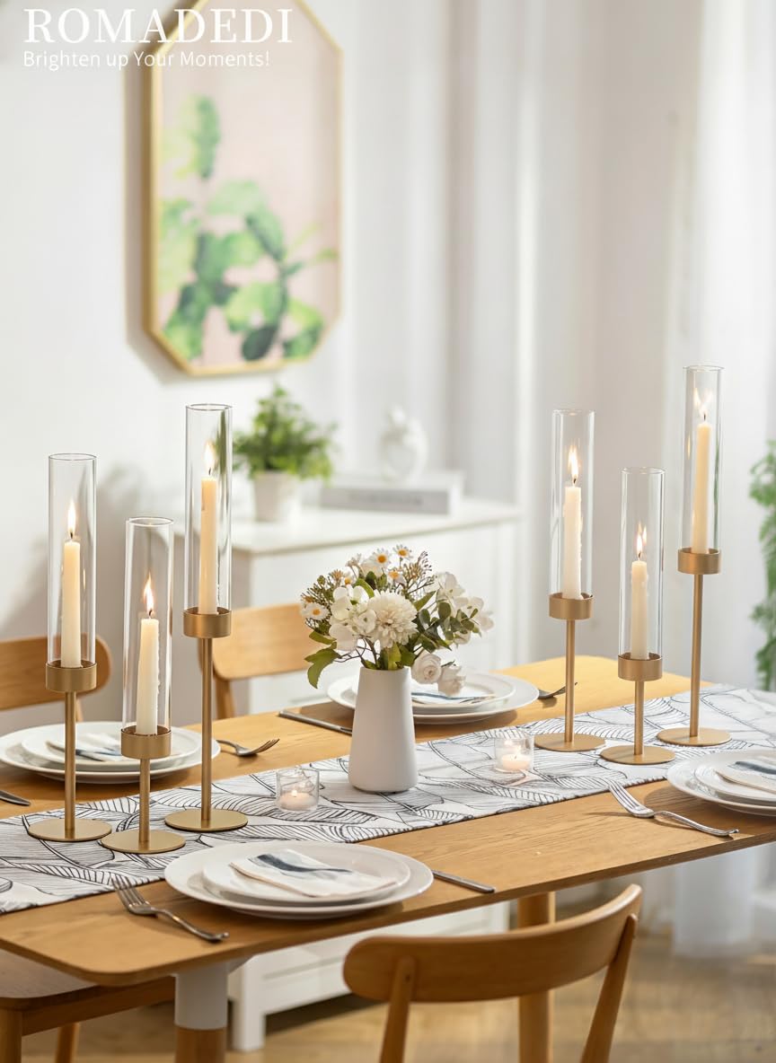 Glass Hurricane Candlestick Holders Gold - Romadedi Set of 6 Taper Candle Holder Bulk Tall Clear Glass Cylinder Table Centerpiece Wedding Decor Party Birthday Christmas Home Decorations