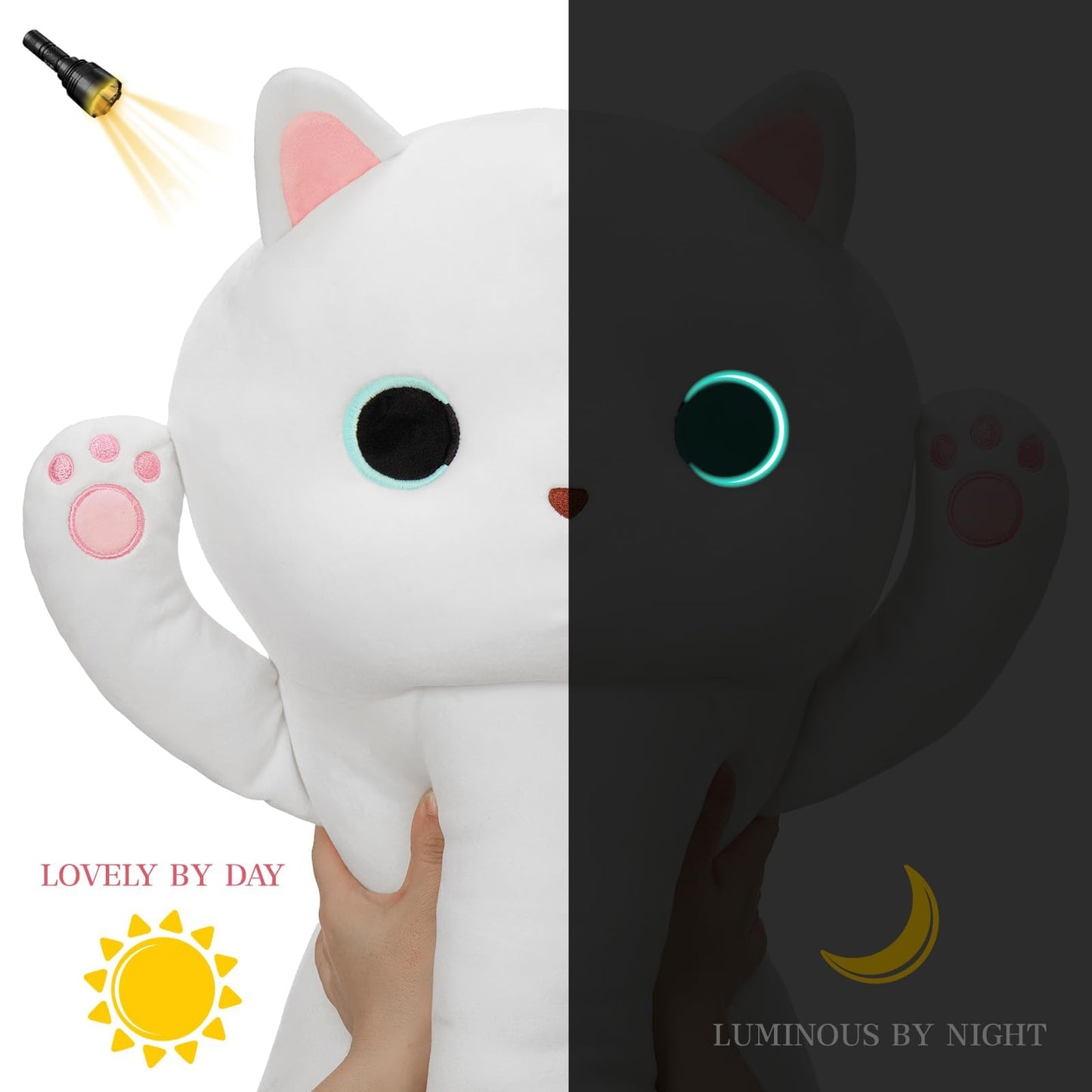 MaoGoLan 44'' Cat Plush Body Pillow, Giant Glow in The Dark Cat Stuffed Animal Pillow for Girl Boy Kid, Long Cute Kitty Plush Pillow for Birthday Gift, Baby Shower Party Decor, White