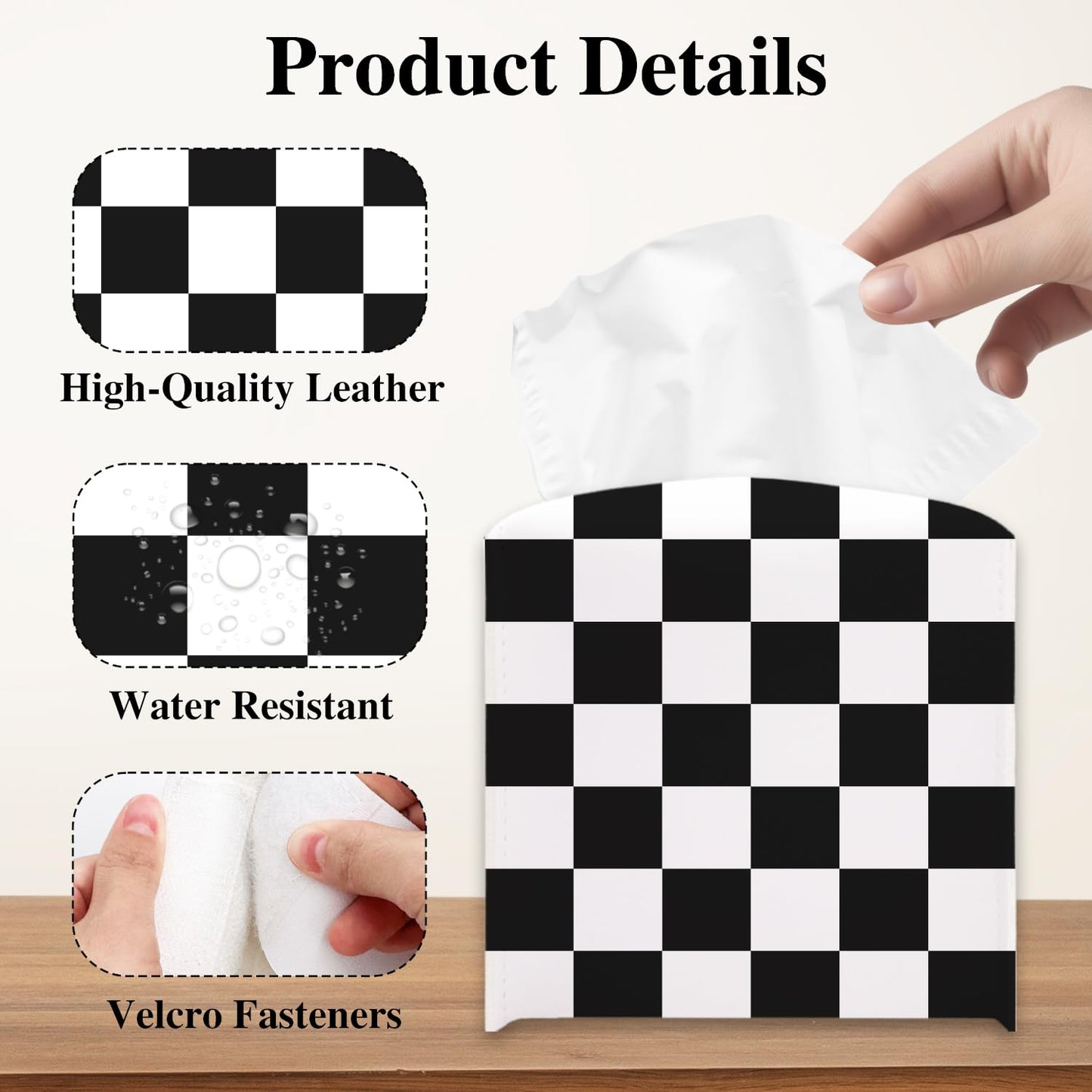 Black and White Checkerboard Tissue Box Holder, Modern Leather Tissue Box Cover Square, Waterproof Facial Paper Organizer Dispenser for Home Bathroom Bedroom Night Stand Office Countertop -024
