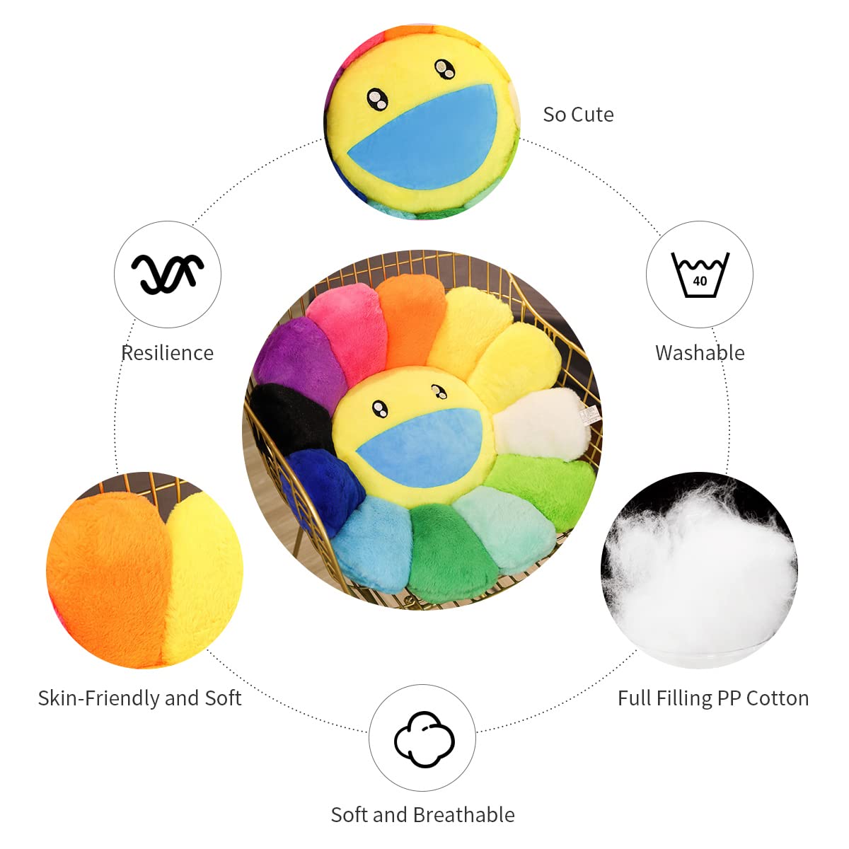 2 Pcs Smiley Face Flower Pillow for Room Decor