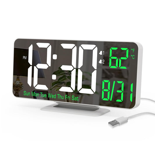 KOSUMOSU Alarm Clock for Bedroom, 6.7" Led Desk Digital Clock,Mirror Clock,Dual Alarm Clock for Living Room with Seconds,Date,Week,12/24h,Dimming,Temp