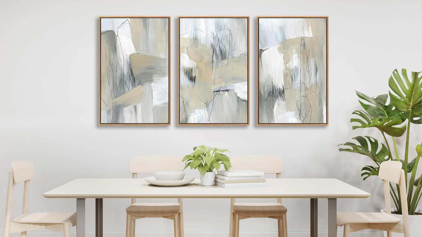 Large Framed Abstract Wall Art for Living Room Decor, Beige, 24X36inX3pcs, Neutral Abstract Painting Artwork Wall Picture, Modern Wabi-sabi Canvas Art Prints for Bedroom Bathroom Office Home
