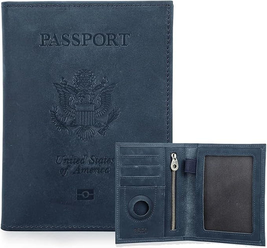 CONTACTS Full Grain Leather Airtag Passport Holder RFID Blocking Travel Passport Wallet Slim Passport Cover Case with 4 Card Slots, Coin Pocket (US Passport Stamp, Blue)