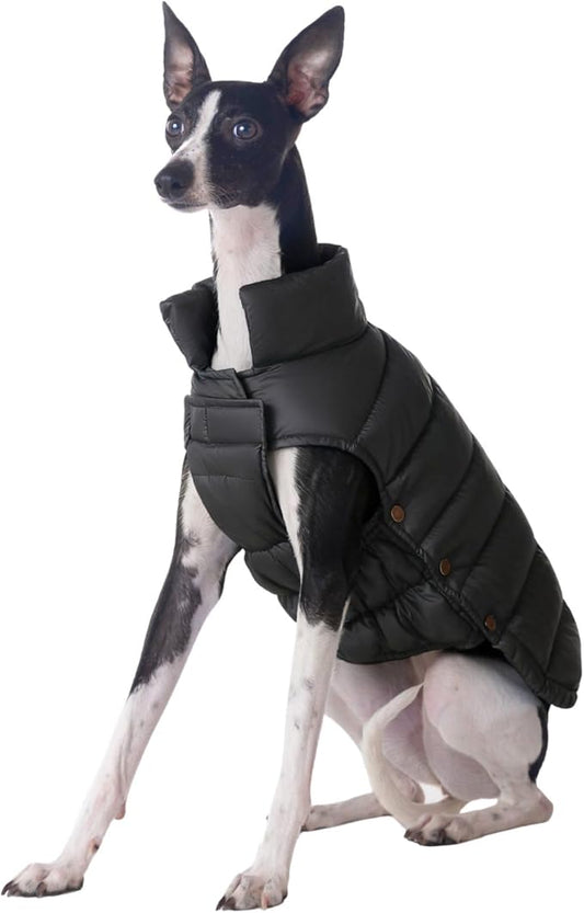 SPACE LION Dog Puffer Jacket, Down Winter Coat, Durable Outdoor Coat for Cold and Windy Conditions, Lightweight & Adjustable Fit Coats for Medium & Large Dogs, (Onyx Black, Size 16 Gift Box)