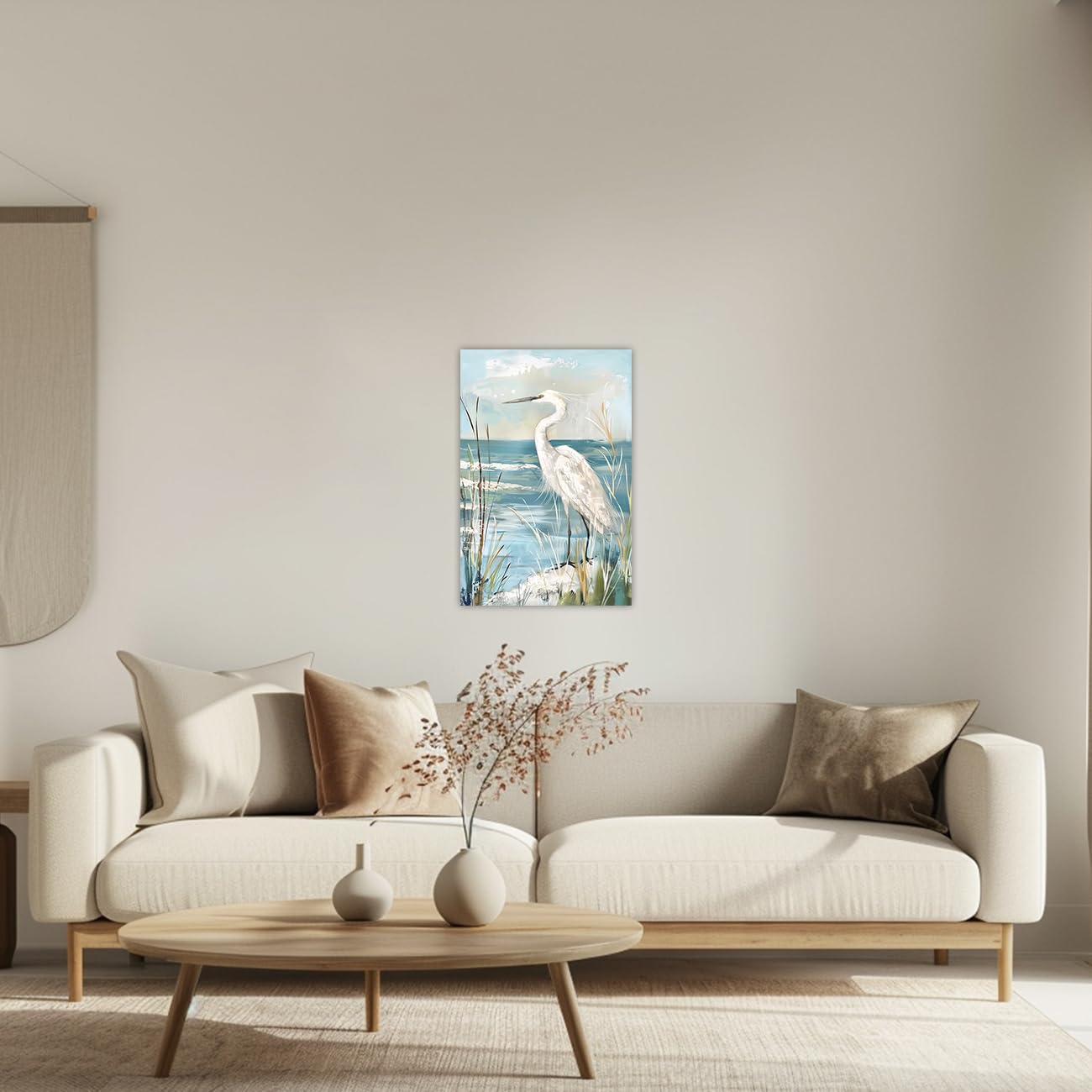 AWPANERAR White Heron Canvas Wall Art Coastal Bird Pictures Prints Blue Ocean Poster Beach Egret with Reed Painting Artwork for Bathroom Decor Framed (18L x 12W)
