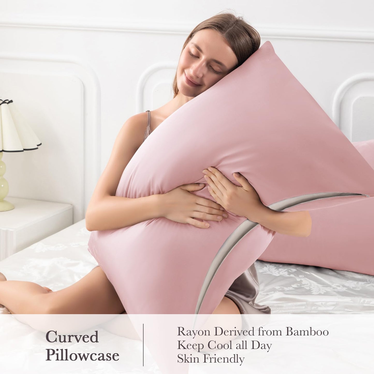 Curved Pillow Case Queen Size, Side Sleeper Pillow Cases Cover Cooling Rayon Derived from Bamboo with Zipper for hot Sleepers Hair and Skin, Breathable Silky Soft Pillowcase 1 Pack 20 * 30 Inches