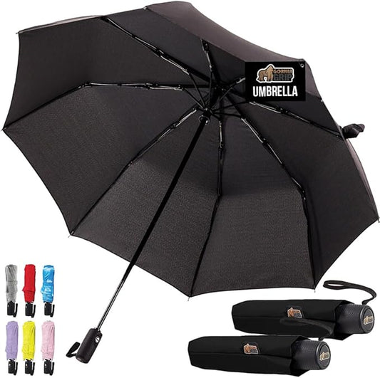GORILLA GRIP Strong Windproof Stick Compact Umbrella for Rain, 2 PK, One-Click Automatic Open Close, Durable Quick Dry Waterproof Material, Lightweight, Portable, Travel Size Fits Backpack, Black