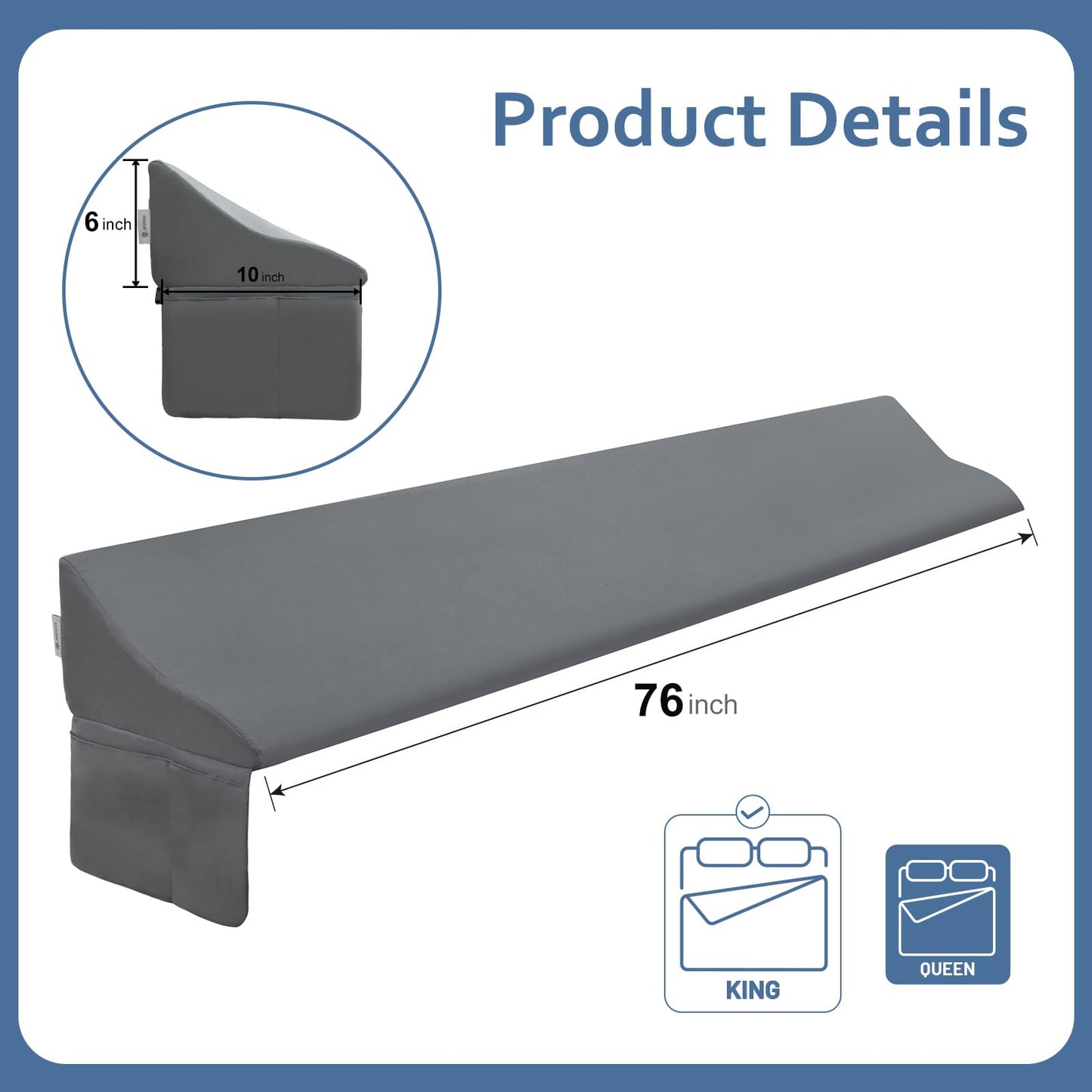 Vekkia King Bed Wedge Pillow for Headboard Gap – 0–6" Bed Gap Filler with Firm Foam Support & Extra-Large Pockets – Prevents Lost Pillows, Phones & Small Items (Gray)