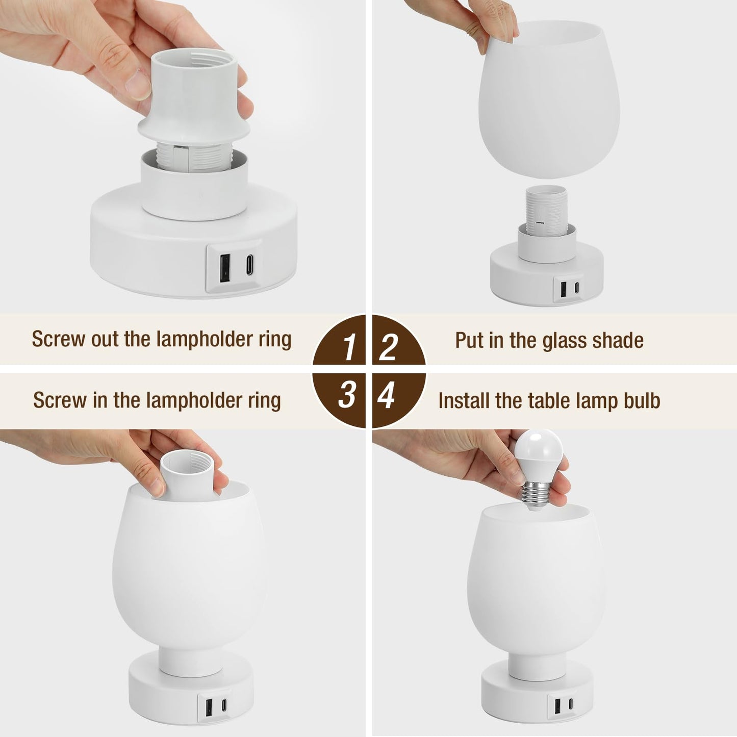 Touch Table Lamp for Nightstand - Bedside Lamp with USB C+A Charging Ports for Bedroom Living Room Night Stands, Desk Lamp with White Glass Shade for Small Spaces, 3 Way Dimmable, LED Bulbs, Gifts