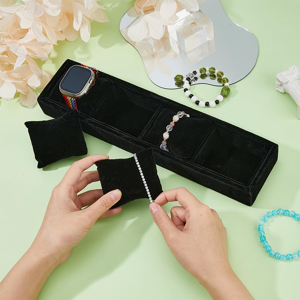 DICOSMETIC 4 Grids Watch Jewelry Organizer Tray 3.27x13.43x1.88 Inch Velvet Watch Display Jewelry Trays Rectangle with Pillows Watch Bangle Organizer Tray for Bracelet Watches Display Holder, Black