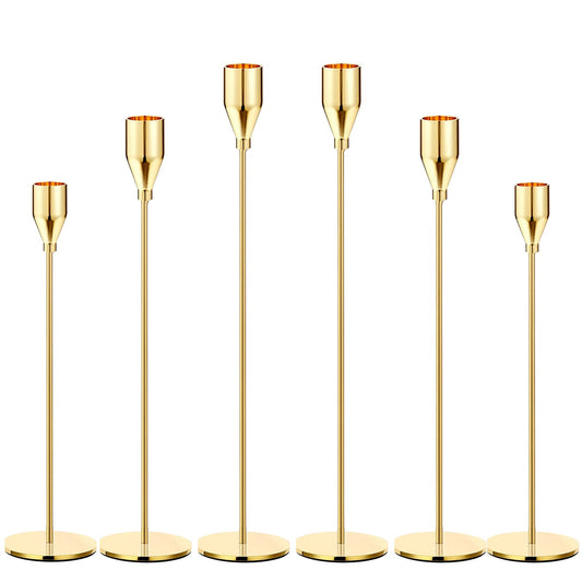 Gold Taper Candle Holders, Set of 6 Gold Candlestick Holders Taper Candle Holders fits 3/4" Thick Pillar Candle Led Modern Metal Candles, Elegant Stands Decorative Table Candle Holder