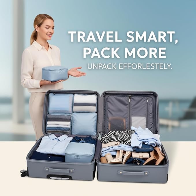 8-Piece Travel Compression Packing Cubes Set - Luggage Organizers for Suitcases - Space Saving Storage Bags for Clothes Travel Essentials (Light Blue)