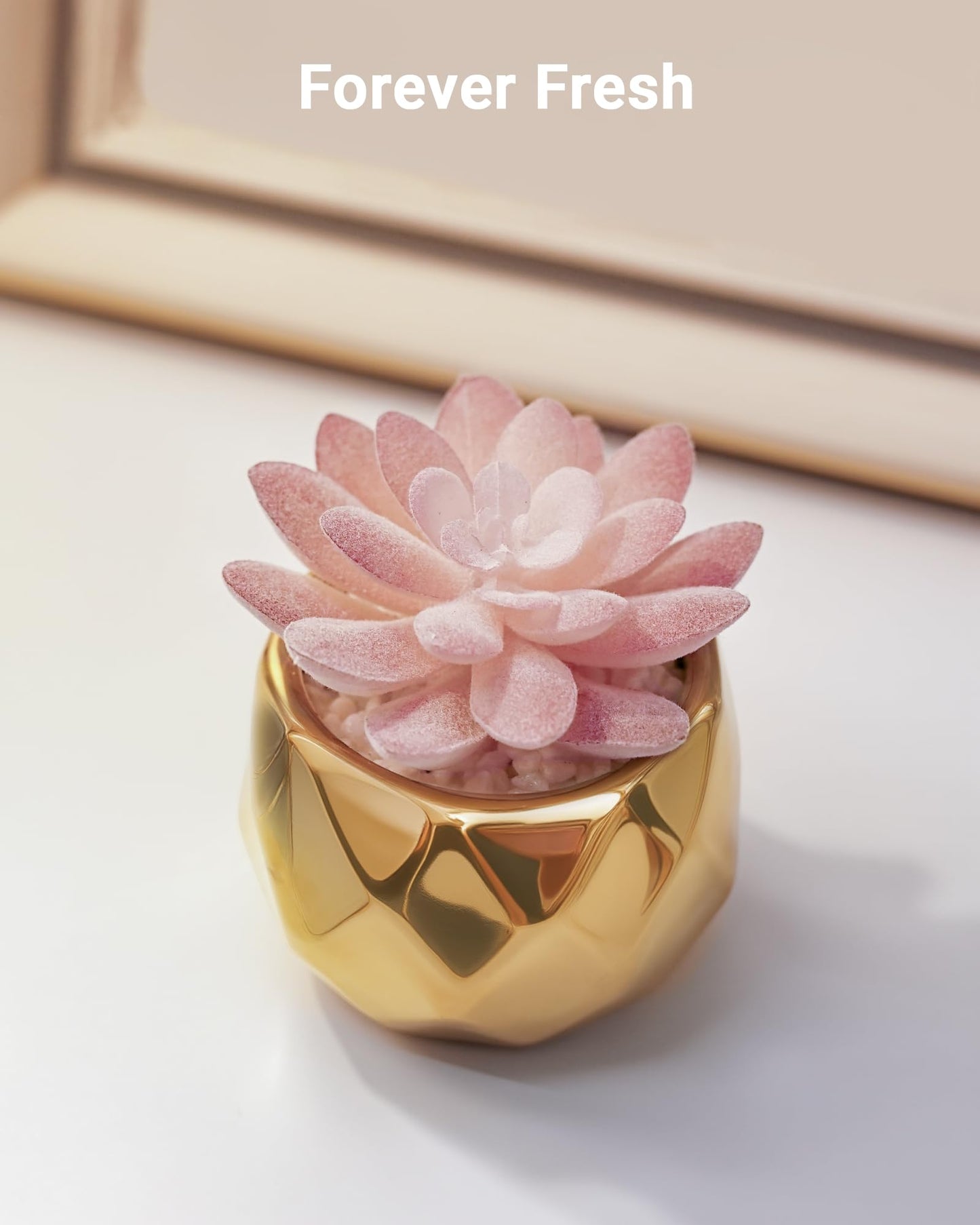 VIVERIE Mini Succulents Plants Artificial in Pots-Pink Succulents with Golden Ceramic, Small Fake Succulents for Home Decor Indoor for Women, White Ceramic Faux Succulents, Gifts for Mom-1 Pack