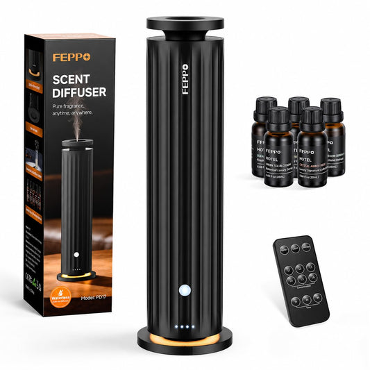 FEPPO Waterless Diffuser – Diffuser for Home, Hotel, Office | Essential Oil Diffuser Starter Kit with 5×20mL Hotel Scent Oils, 6 Scent Levels, 4 Timer Modes, Quiet Diffuser, 1000+ Sq Ft