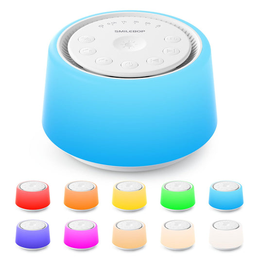 SMILEBOP White Noise Machine with Night Light, 30 Soothing Sounds Portable Sound Machine for Baby and Adults, 10 Color Night Light, 5 Timer Options, Memory Function,Compact for Travel (White)