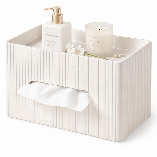 KINGFOM Ribbed PU Leather Tissue Box Cover with Storage Tray, Rectangular Facial Tissue Holder for Bathroom Vanity, Nightstand & Office Desk, Modern Decorative Tissue Dispenser (Ivory White)