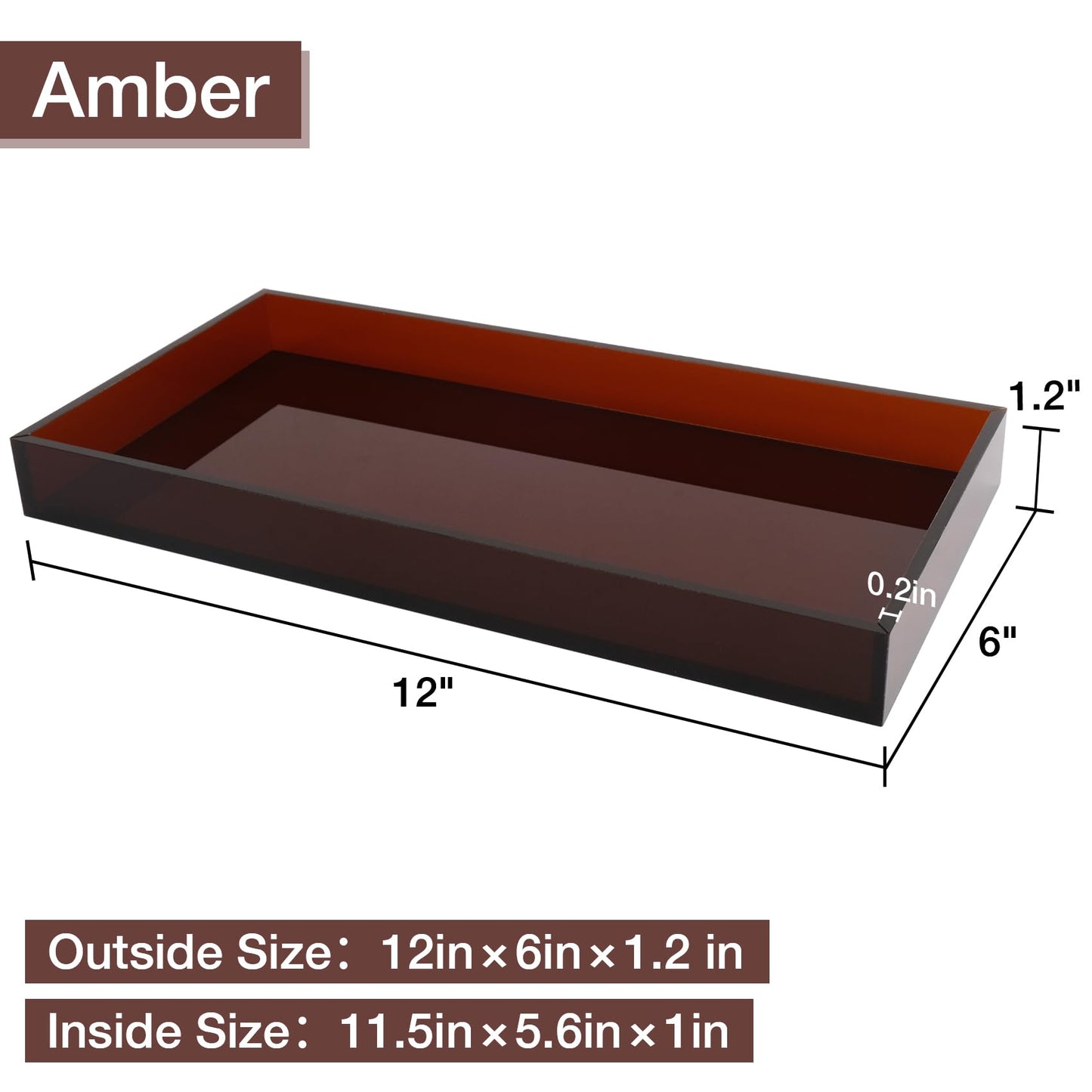 Acrylic Tray 5mm Thicken for Vanity Makeup, Perfume, Jewelry Holder, Napkin, Amber 12x6''Decorative Serving Tray for Bathroom, Toilet Tank, Sink Countertop, Living Room,Dresser, Coffee Table