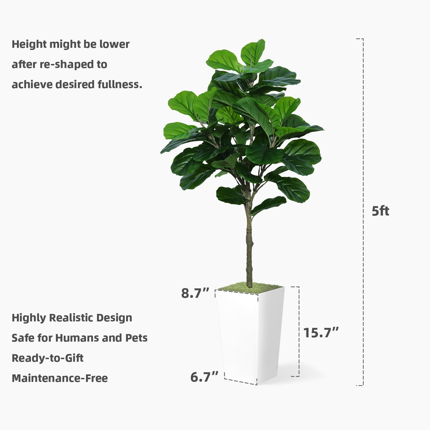 ASTIDY Fiddle Leaf Fig Tree Artificial 5FT - Faux Fiddle Leaf Fig Tree with White Tall Planter - Fake Ficus Lyrata Floor Plant Potted - Artificial Fig Tree for Home Office Living Room Decor Indoor