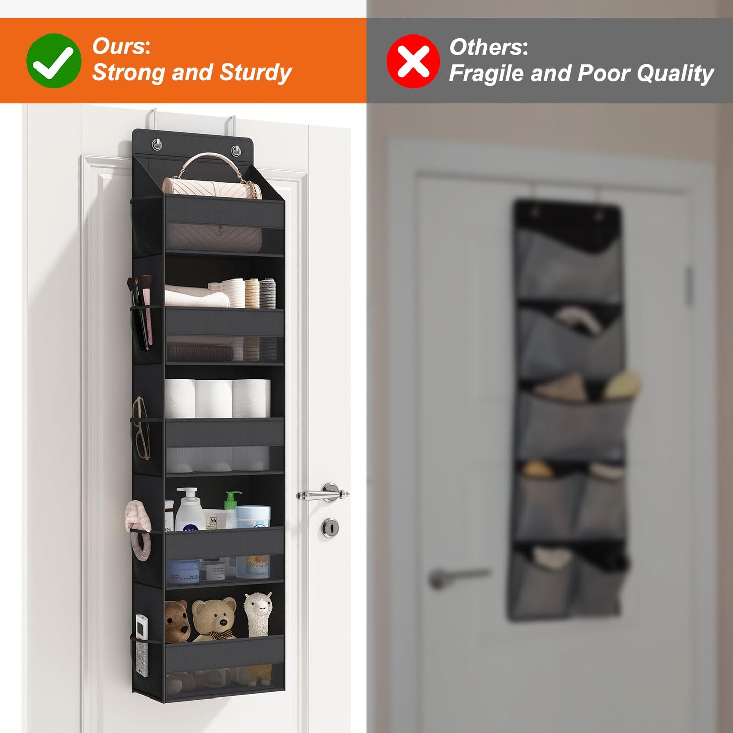 Fixwal Over Door Storage Organizer, 5-Shelf Wall Mount Upgrade Hanging Storage with 5 Large Pockets 10 Mesh Side Pockets for Pantry Bedroom Dorm Pantry Nursery Bathroom Diapers Clothes (Black)